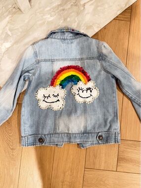 Lola + The Boys Light Blue Denim Jacket with Rainbow & Cloud Sequin Patch
